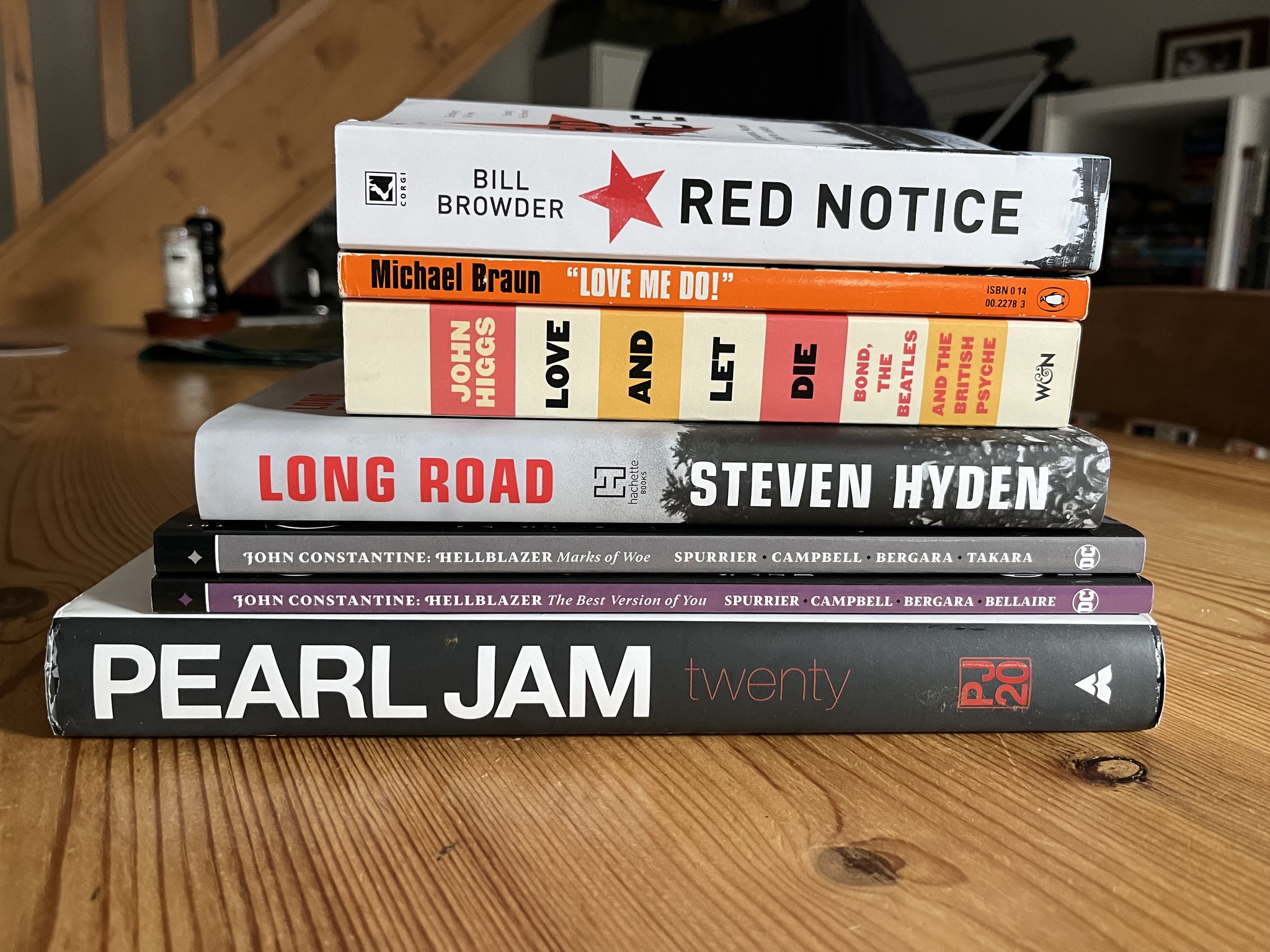 A pile of books that I read this month. A large format book about Pearl Jam called 20, and a hardback book about them by Stephen Hayden called Long Road. Two Hellblazer comic book collections Simon Spuirrier’s run on the title. John Higgs’ book about the Beatles and Bond, Love and let Die, and a contemporary book about the Beatles called Love me Do by Michael Braun. Finally, Bill Browder’s takedown of corruption and murder in Russia, Red Notice.
